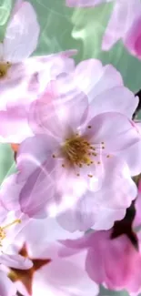 Mobile wallpaper of pink cherry blossoms with green background.