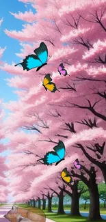 Vivid cherry blossom path with colorful butterflies under a bright blue sky.