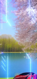 Red sports car near lake with cherry blossoms.