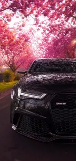 A black car under vibrant cherry blossoms.