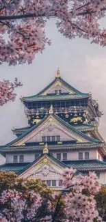 Japanese castle with cherry blossoms and serene sky.