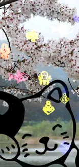 Cherry blossoms with a cute black and white cat illustration.