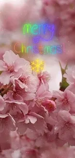 Pink cherry blossoms with Merry Christmas text and snowflake icon.