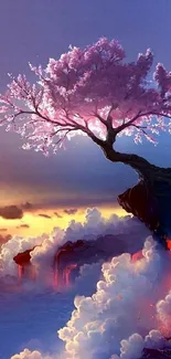 Serene cherry blossom tree atop vivid cliff at sunset.