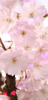 Light pink cherry blossoms on tree branches.