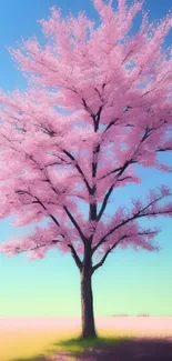 Elegant pastel cherry blossom tree with blue sky background, ideal for mobile screens.