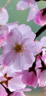 Pink cherry blossoms with heart accents on a green background.