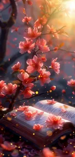 Open book with cherry blossoms and sunlight.