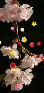 Delicate pink cherry blossoms against a dark background.