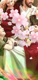 Family gathering with cherry blossoms and children, vibrant wallpaper design.