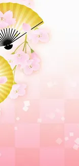 Cherry blossom and fans mobile wallpaper with pink and yellow hues.