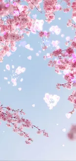 Cherry blossoms with hearts on a blue sky background.