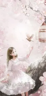 A girl in a pink cherry blossom fantasy setting with a bird and tree branches.