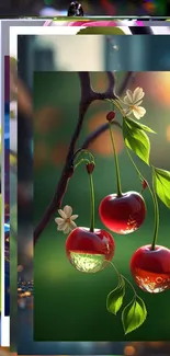 Cherry blossom wallpaper with cherries and white flowers on a blurred background.