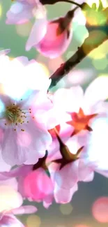 Cherry blossom wallpaper with bokeh lights and pink petals.