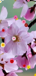 Cherry blossom wallpaper with pink flowers and colorful tiny blooms.