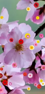 Cherry blossoms with colorful flowers on branches.