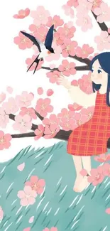 Girl in red dress with cherry blossoms and bird illustration.