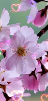 Cherry blossoms with heart overlays on a light pink background.