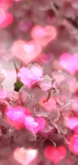 Pink cherry blossom with heart bokeh wallpaper.