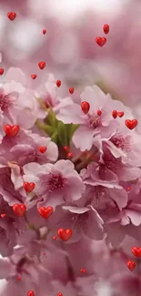 Cherry blossoms with floating red hearts mobile wallpaper.