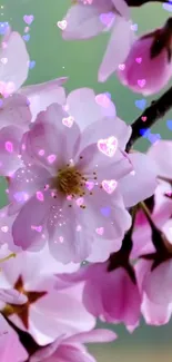 Cherry blossom flowers with heart accents creating a romantic wallpaper.