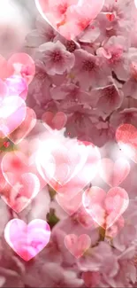 Cherry blossom wallpaper with heart overlays and pink hues.