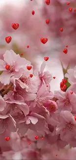 Cherry blossom wallpaper with falling red hearts on a mobile screen.