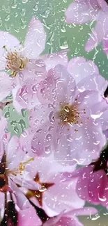 Cherry blossoms with raindrops on mobile wallpaper.