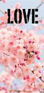 Cherry blossom wallpaper with 'Love' text.