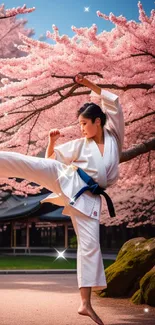 Karate artist kicks under cherry blossoms in a peaceful outdoor setting.