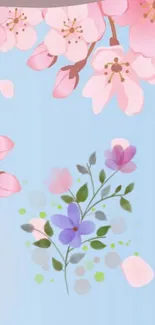 Cherry blossom wallpaper with pink flowers on a light blue background.