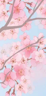 Cherry blossom wallpaper with pink flowers and blue sky.