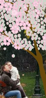 Illustrated cherry blossom tree with pink flowers over a serene background.