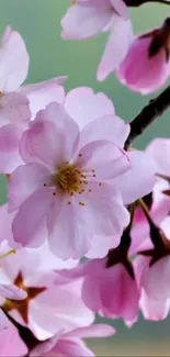 Delicate cherry blossoms on branches against a gentle green backdrop.