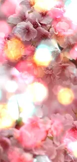 Cherry blossom wallpaper with pink flowers and bokeh lights.