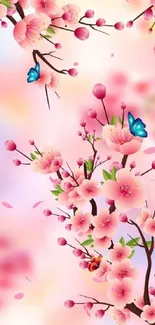 Vibrant cherry blossom phone wallpaper with pink flowers and butterflies.