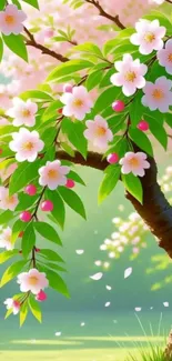 Cherry blossom tree with flowers and leaves in spring.