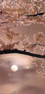 Cherry blossoms under a full moon in a serene night sky.