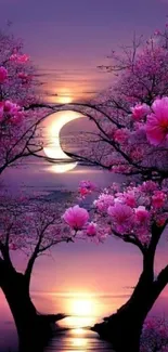 Moonlit cherry blossom trees reflect in serene lake.
