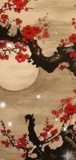 Japanese cherry blossom with moonlight in traditional style.