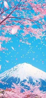 Cherry blossoms with mountain and blue sky wallpaper.