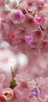 Cherry blossoms with neon heart overlays on a dreamy pink background.