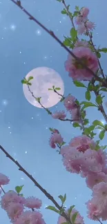 Cherry blossoms under a starry night sky highlighted by a glowing moon.