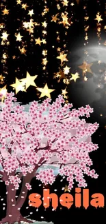 Cherry blossom and stars under a night sky wallpaper.