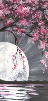 Artistic cherry blossom tree with full moon on dark night.