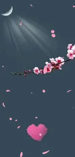 Cherry blossom branch with moonlit sky and heart.