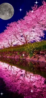 Pink cherry blossoms under a moonlit starry night sky with reflections in water.