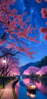 Cherry blossoms and starry sky reflected in river at night.