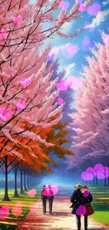 Pathway lined with vibrant pink cherry blossoms under a clear blue sky.